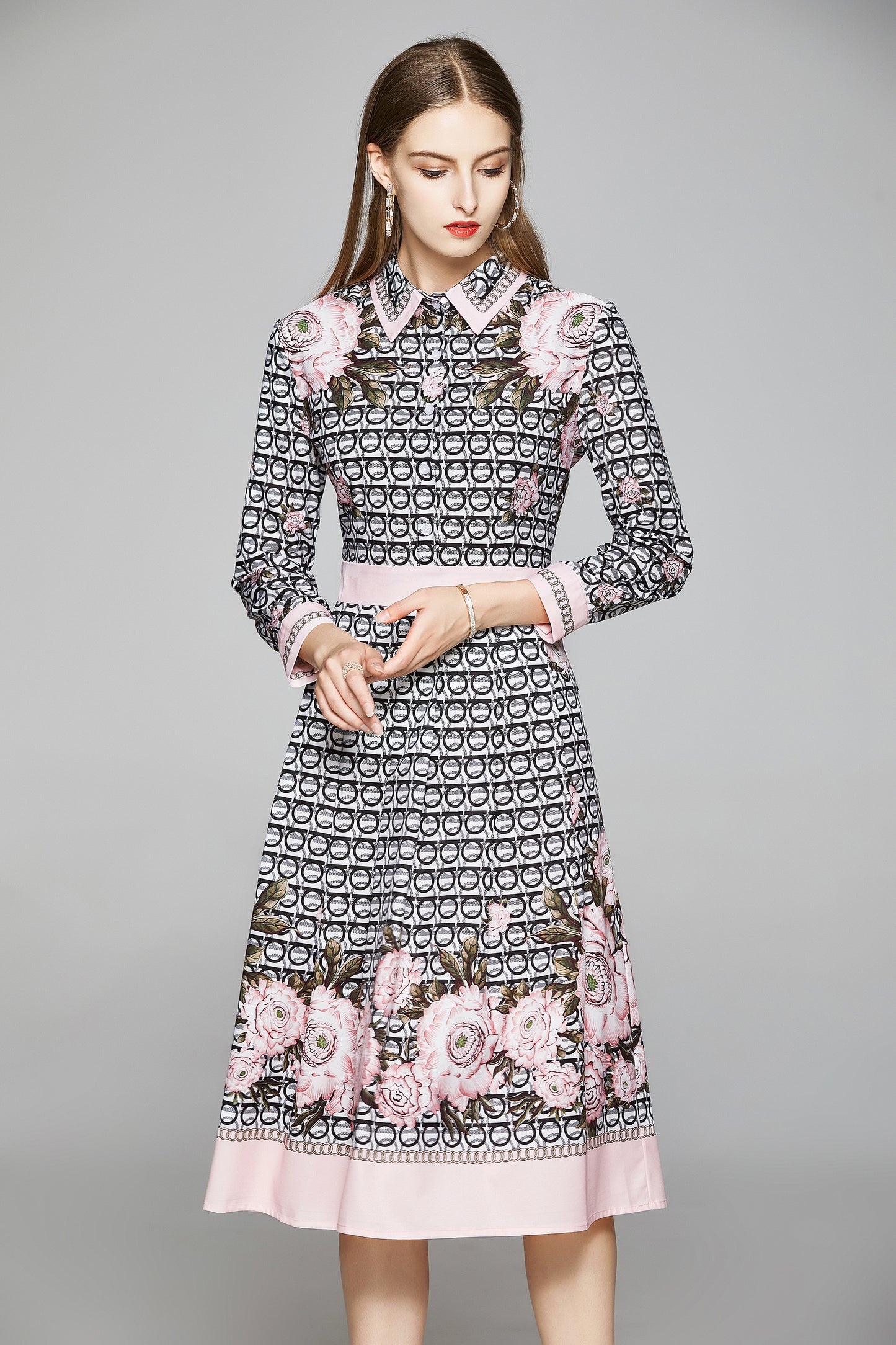 Elegant Floral A-Line Midi Dress 3/4 Sleeves Casual Shirt Dress - LAI MENG FIVE CATS