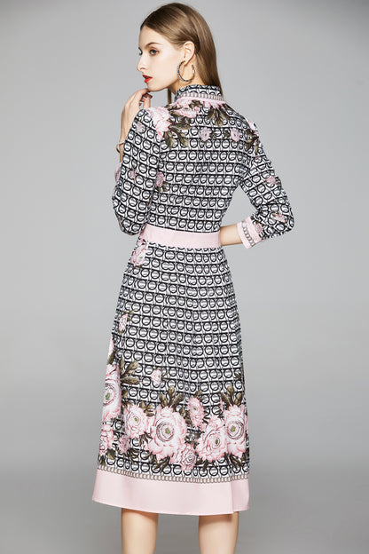 Elegant Floral A-Line Midi Dress 3/4 Sleeves Casual Shirt Dress - LAI MENG FIVE CATS