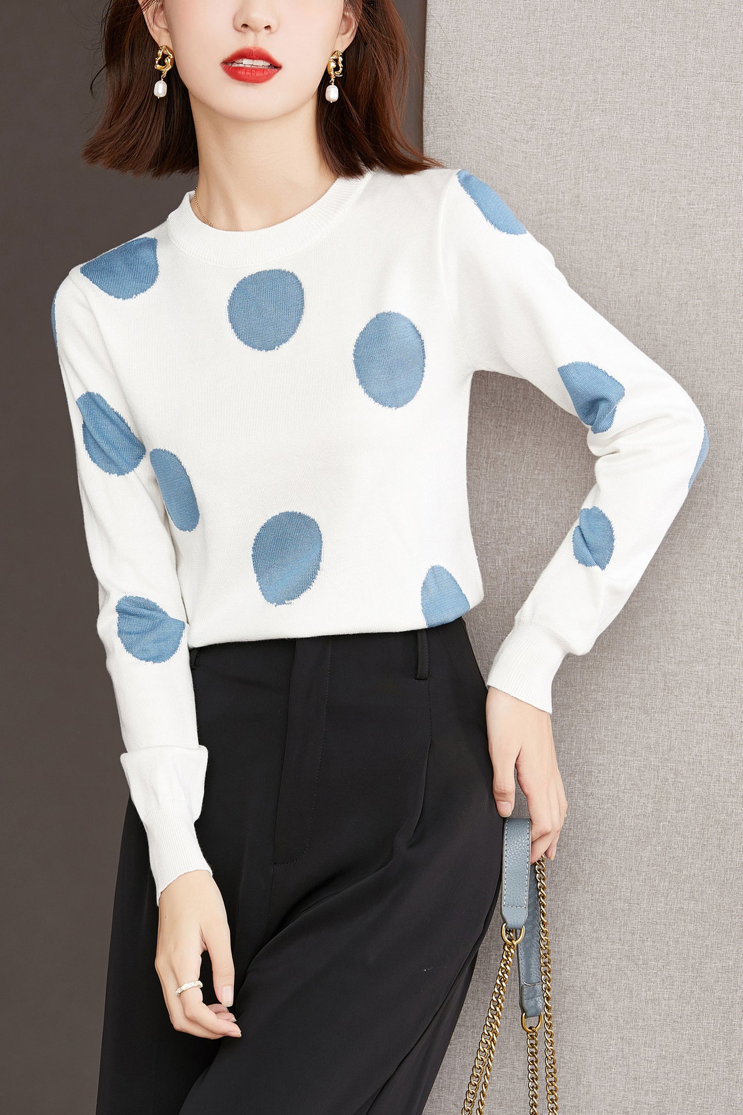 White Knit Dot patternCrew Neck Pullover T-Shirt