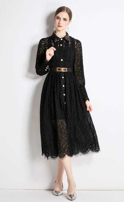 Black Collared Neck Long Sleeve Button Up Lace Midi Dress With Belt