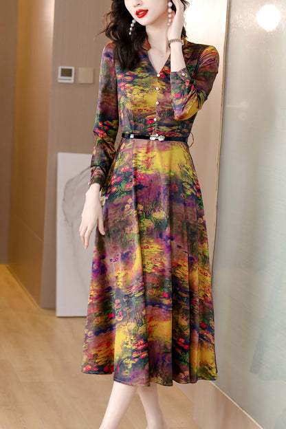 V-Neck Long Sleeves Belt Floral Print Midi Dress