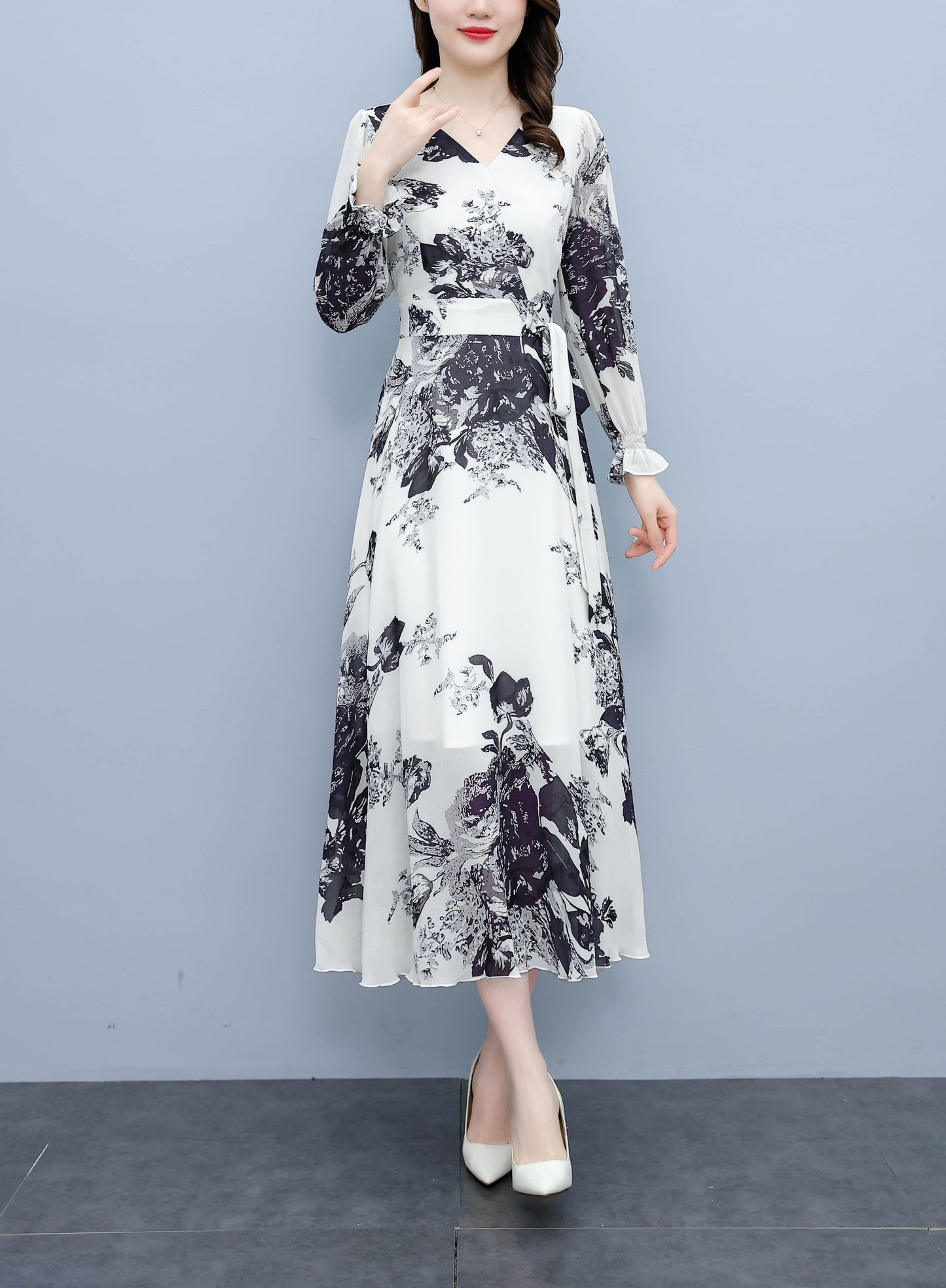 White V-Neck Long Sleeves Floral Print Midi Dress