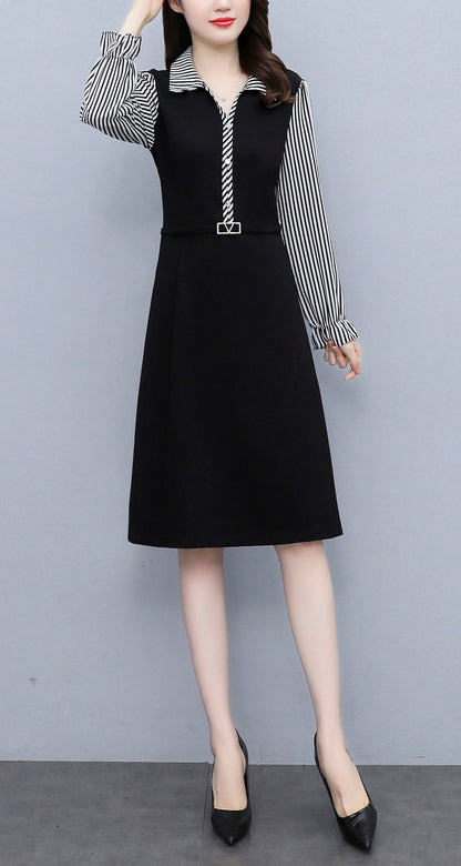 Black Solid Collared Patchwork Long Sleeve Midi Dress with Pocket