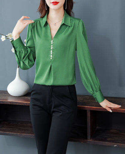 Stripe Tops Collared Neck Long Sleeves Button Up Solid Blouse