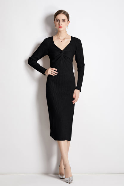 Black V-Neck Long Sleeve Solid Dress