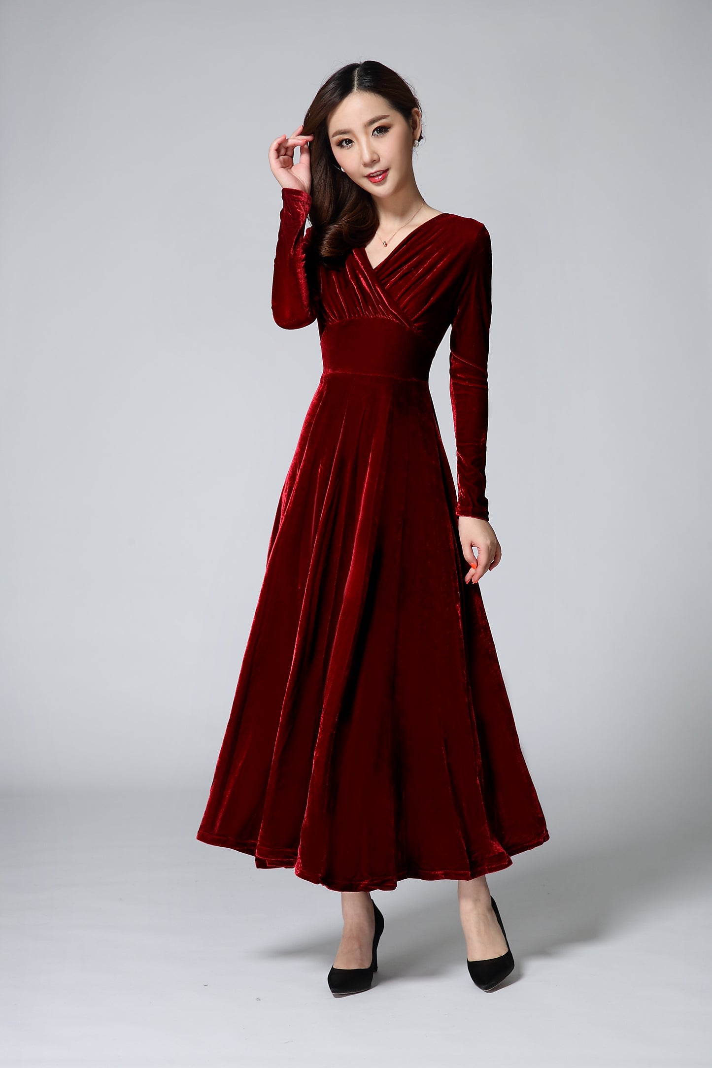 Women Blue Black Red Velvet Long Sleeve A-line Dress