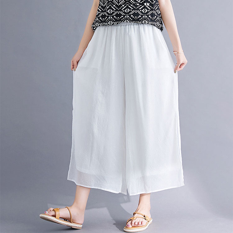 White Elastic Waist Wide Leg Casual Pant with Pocket