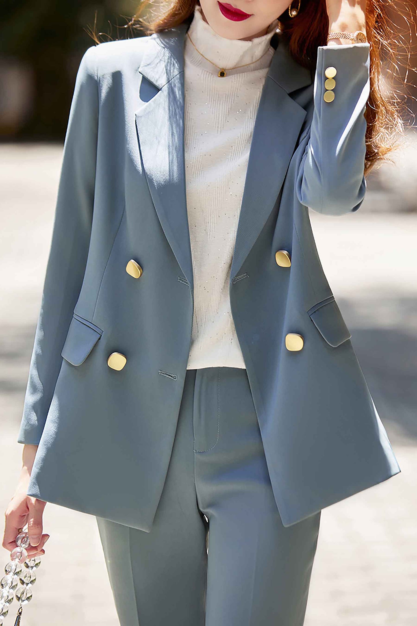 Blue Double Breasted Long Sleeves Solid Blazer