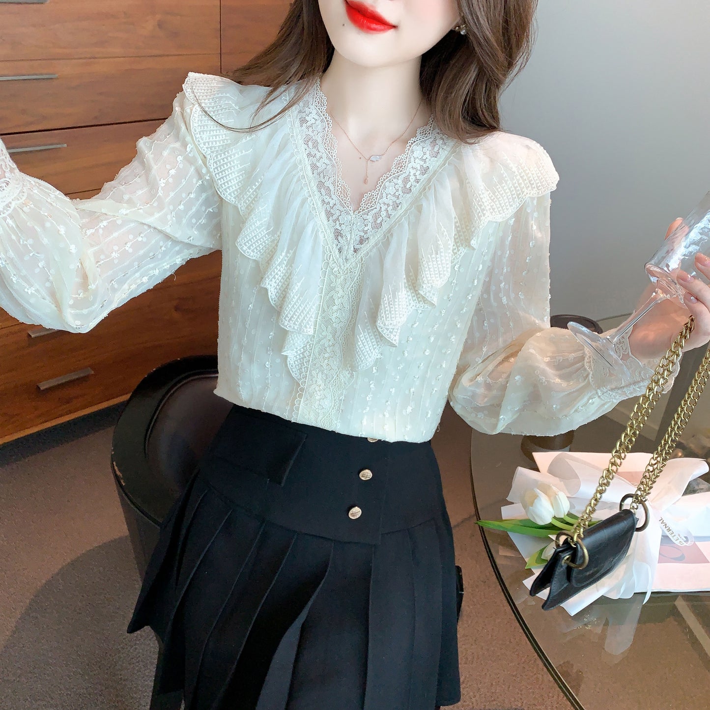 White Solid Lace Long Sleeve Button-Front Peplum Trim Blouse
