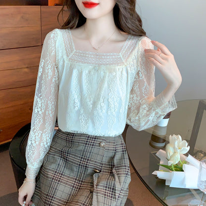 Square Neck Long Sleeve Lace Solid Blouse
