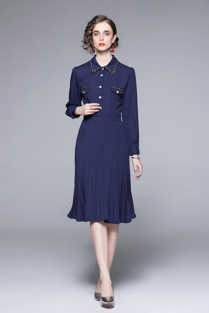 Women Solid Blue Elegant Chian Midi Dress