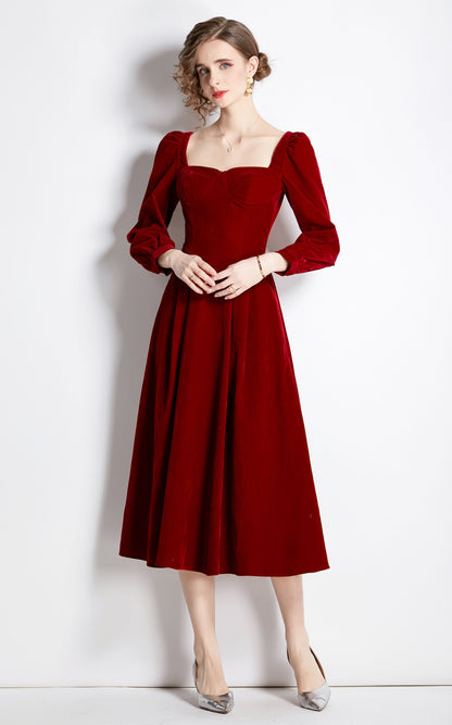 Velvet Square Neck A Line Midi Red Drees