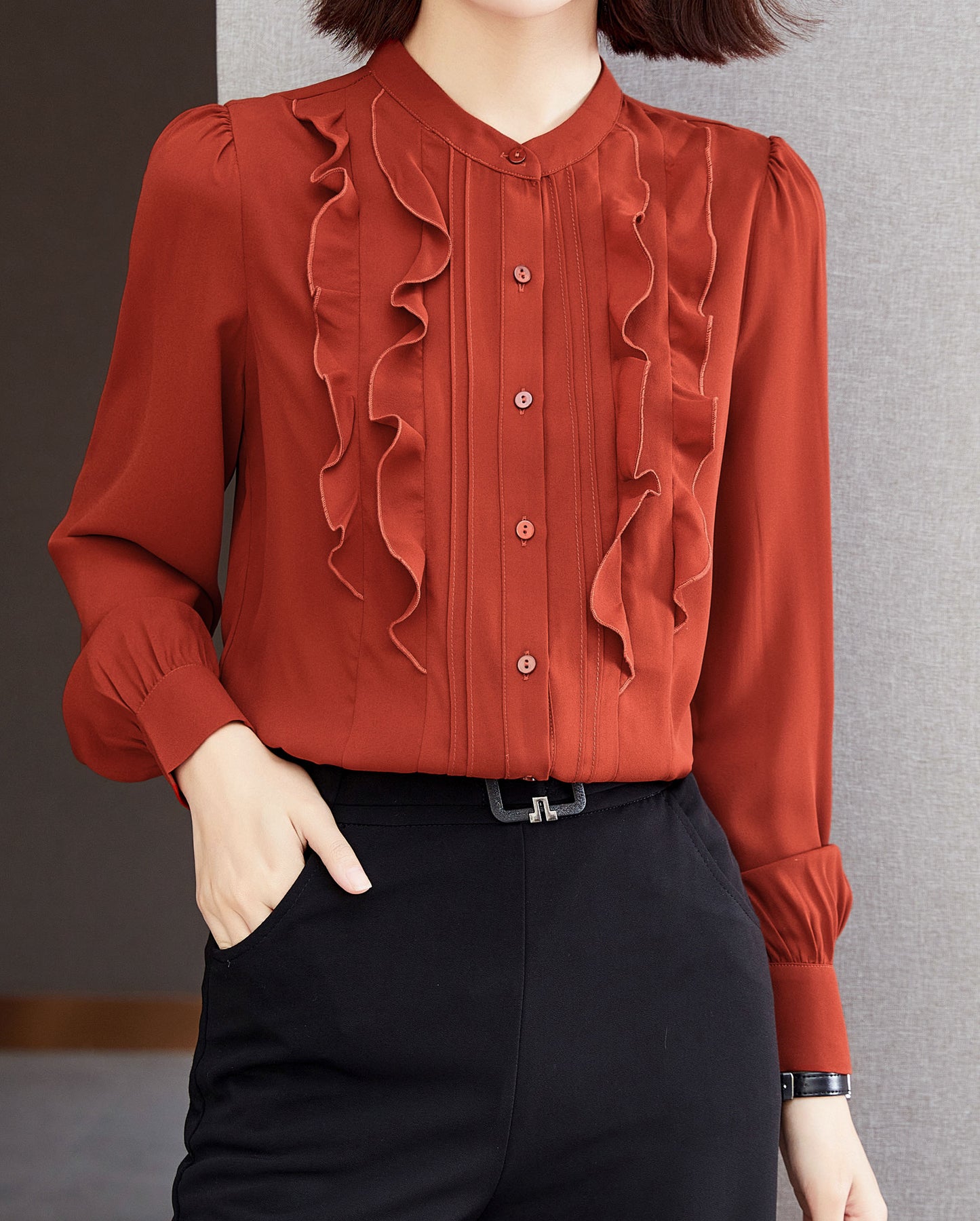Red Collared Ruffle Long Sleeve Solid Blouse