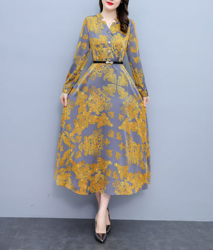 Yellow V-Neck Long Sleeves Floral Print Midi Dress