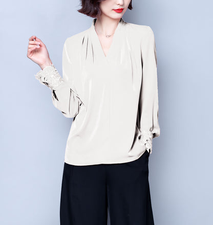 White Solid Embroidery V-neck Long Sleeves Stain Shirt Blouse