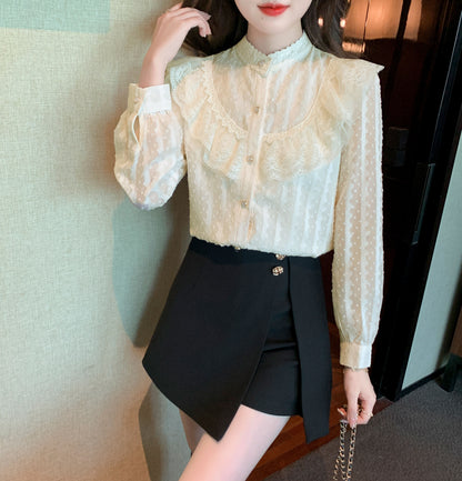 White Solid Lace Long Sleeve Button-Front Frill Trim Blouse