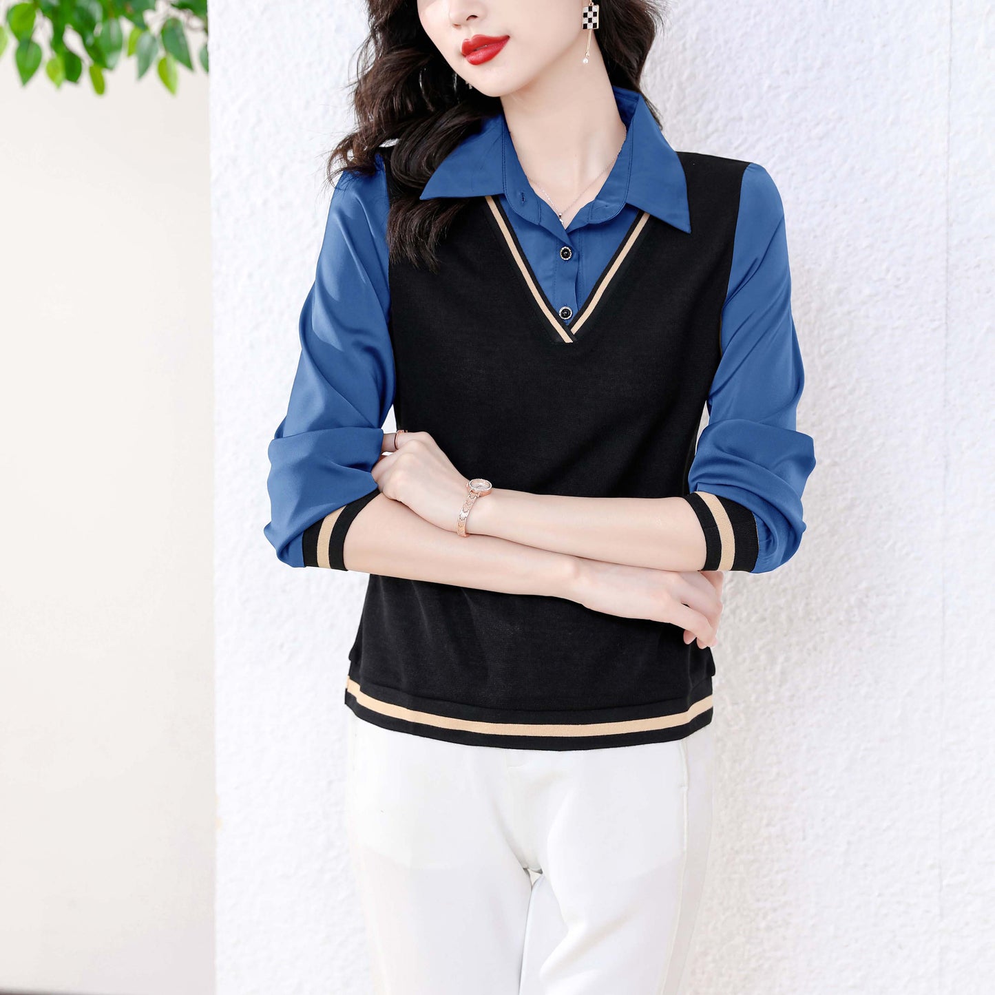 Blue Patchwork Collared Neck Solid Long Sleeve Button up Blouse