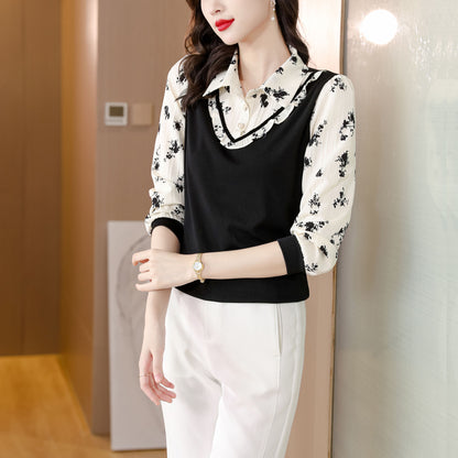 Black Collar Neck Long Sleeves Patchwork Solid Blouse