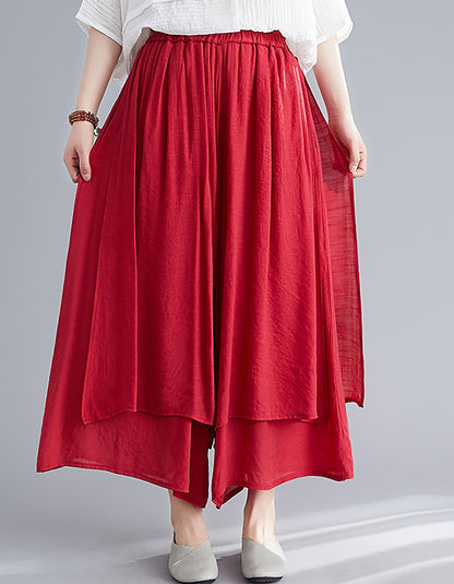 Red Elastic Waist Wide Leg Casual Pocket Trousers
