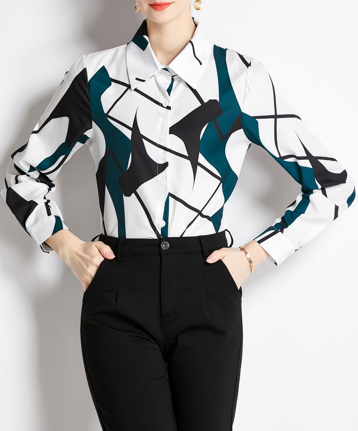 Collared Neck Long Sleeve Button Up Print Blouse