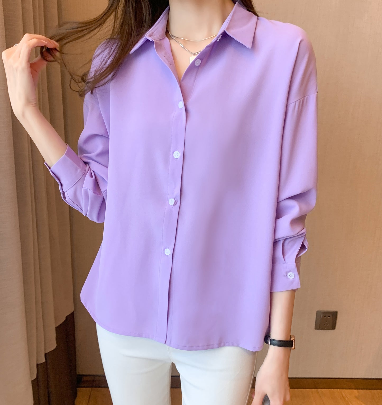 Solid Blouse Elegant V Neck Long Sleeve Work Tops Button Down Shirt Casual Long Sleeve Top