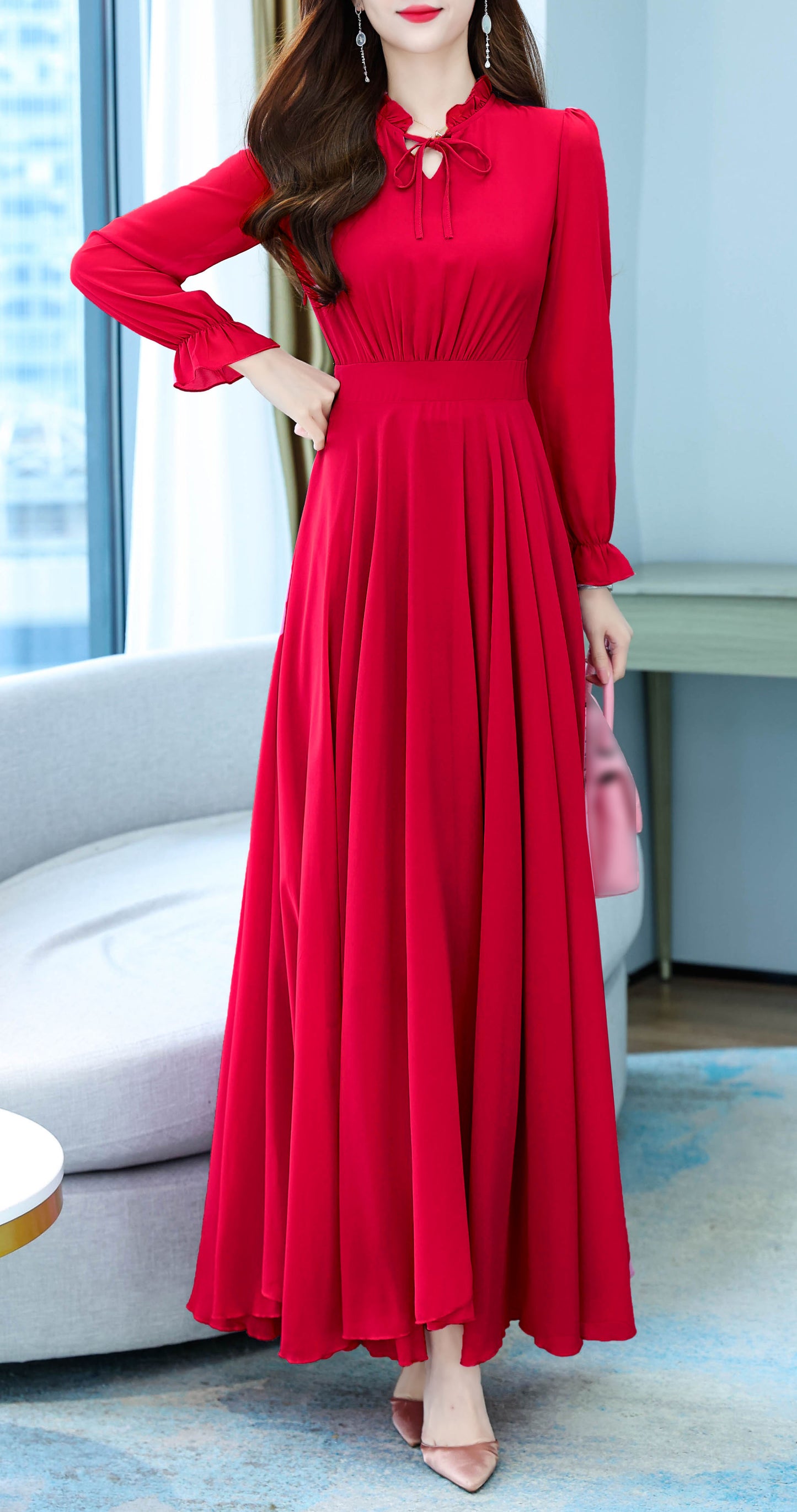 Tie Neck Long Sleeves Solid Maxi Dress