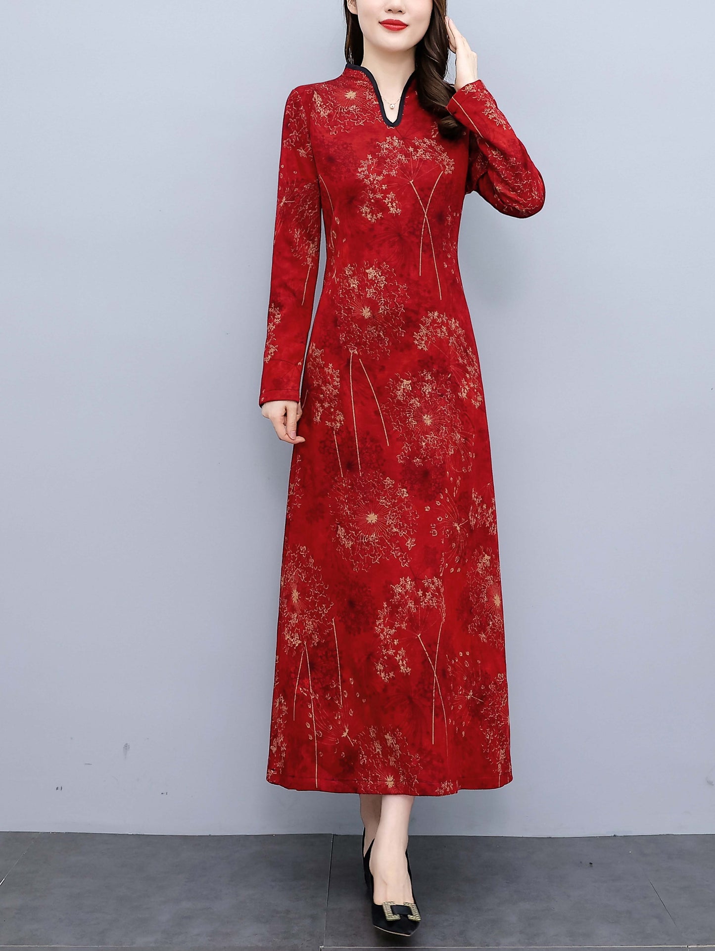 Red V Neck Long Sleeves Floral Print with Pocket Maxi Dress
