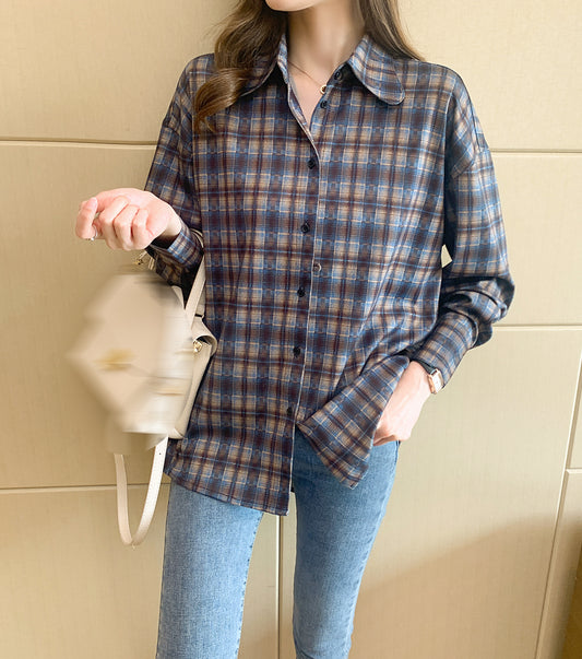 Women's Plaid Blouse Cotton Casual Tops Long Sleeve Button-Down Tops