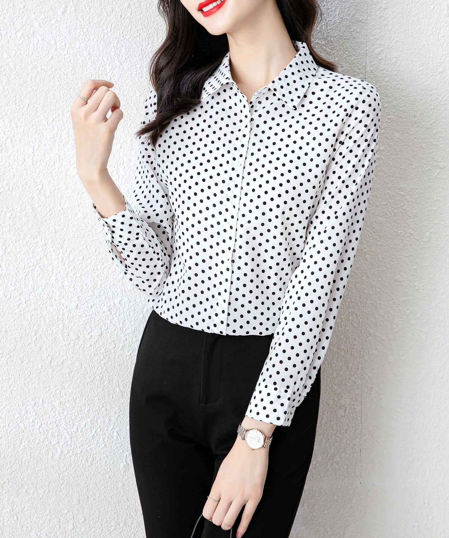 White Collared Neckline Spots Long Sleeves Blouse Top Shirt