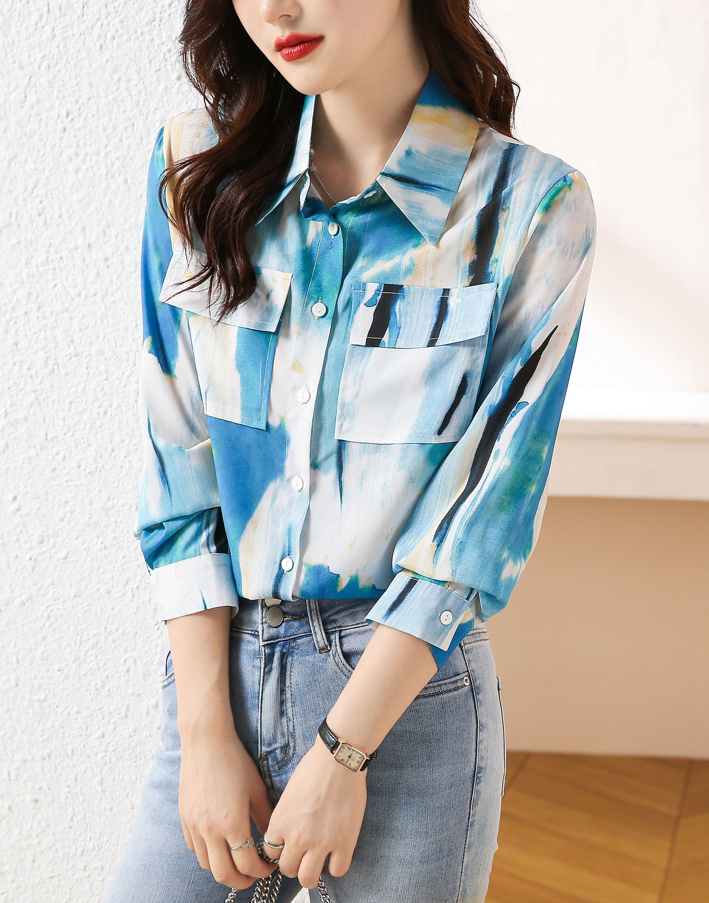 Blue Collared neckline Long Sleeves Abstract Floral Print Blouse