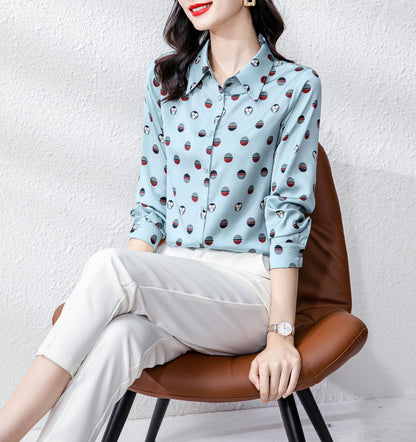 Blue Collared Neckline Spots Long Sleeves Blouse Top Shirt