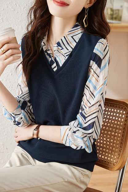 Collar Neck Long Sleeves Patchwork Stripe Blouse