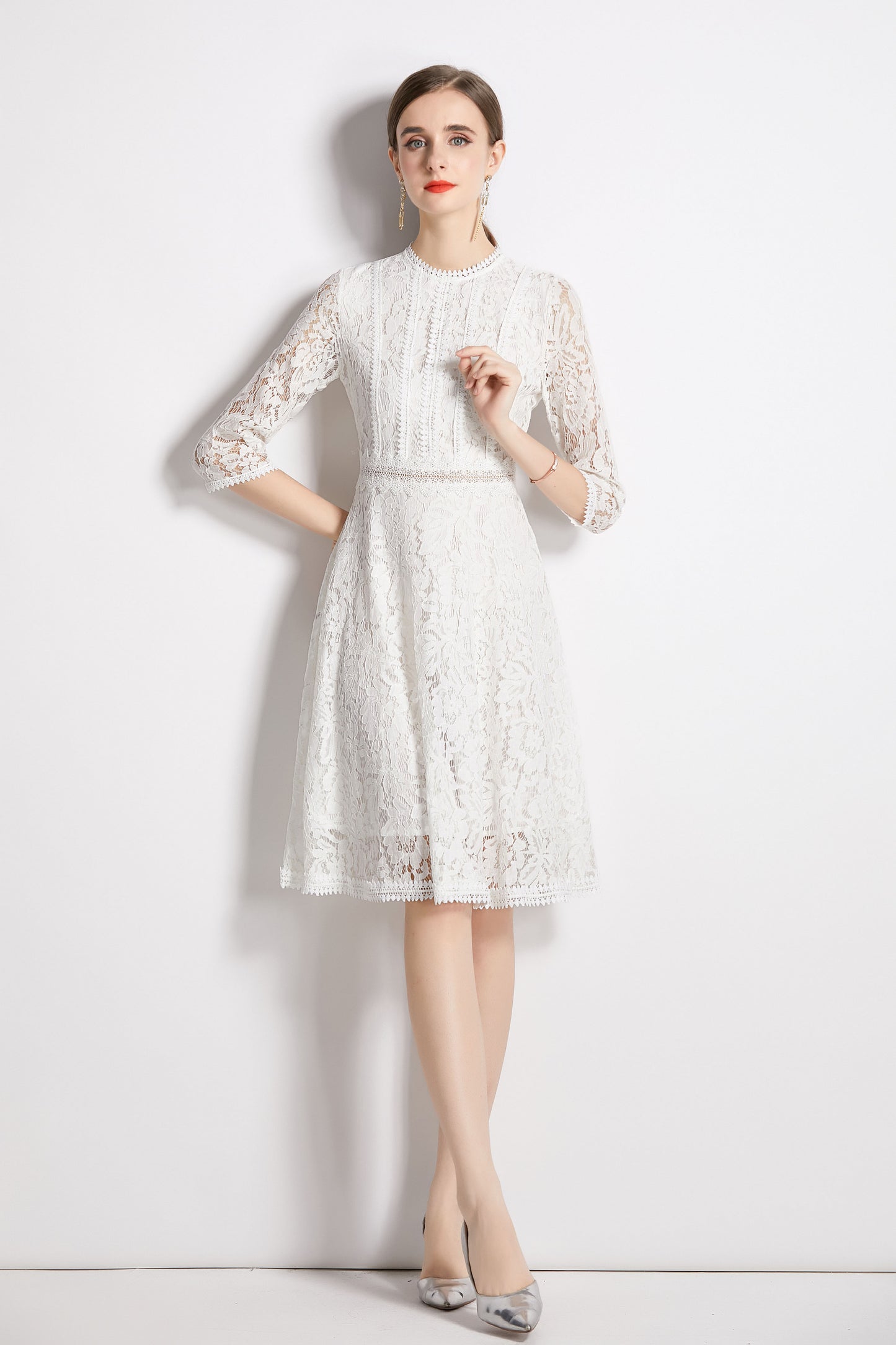 White Tunic Floral Lace 3/4 sleeves Crew Neck Midi Dress