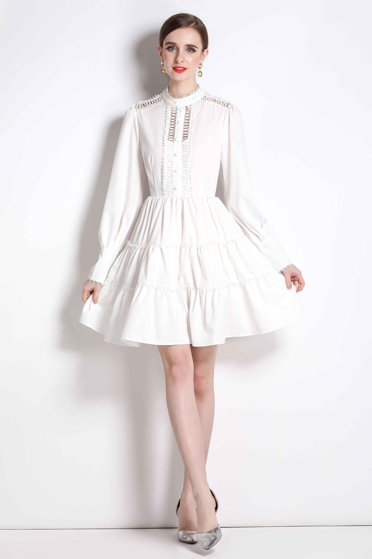 White High Neck Long Flare Sleeves Solid Mini Dress