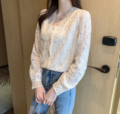 White Solid Floral Lace v-neck Long Sleeve Button-Front Blouse