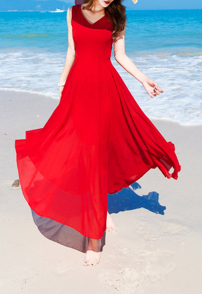 Classic Solid Color V-Neck Sleeveless Elegant Maxi Dress