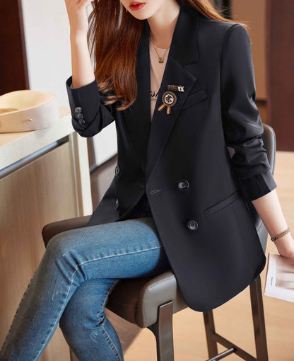 Black Double Breasted Long Sleeves Solid Blazer