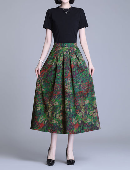 Green High Waist Print Midi Skirt with Pocket