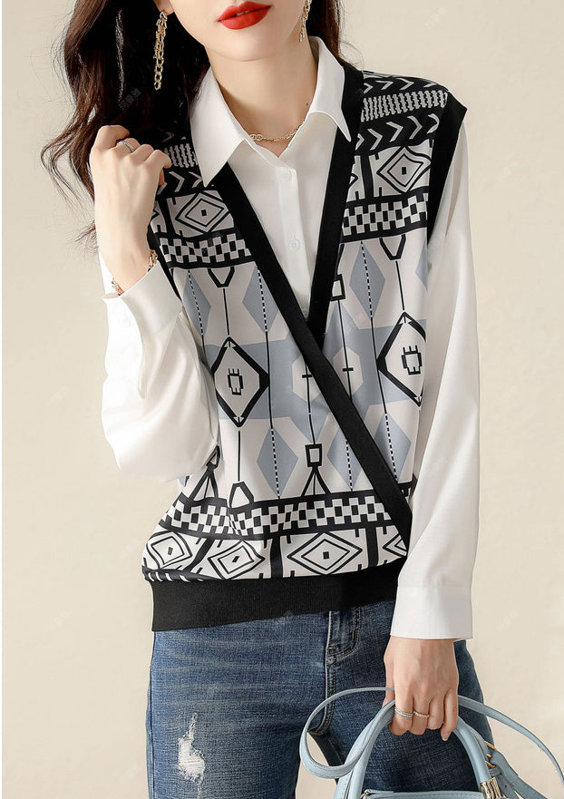 Collar Neck Long Sleeves Patchwork Print Blouse