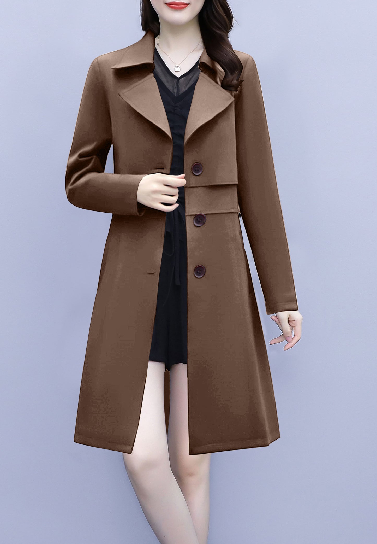 Brown 3/4 Length Button up Outerwear Trench Coat with Belt