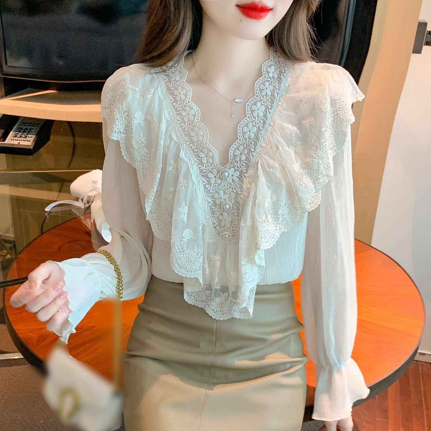 V-Neck Ruffle Long Sleeve Lace Solid Blouse