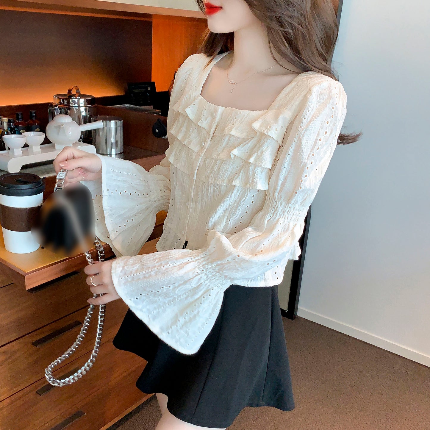 Square Neck Long Sleeve Button up Solid Blouse