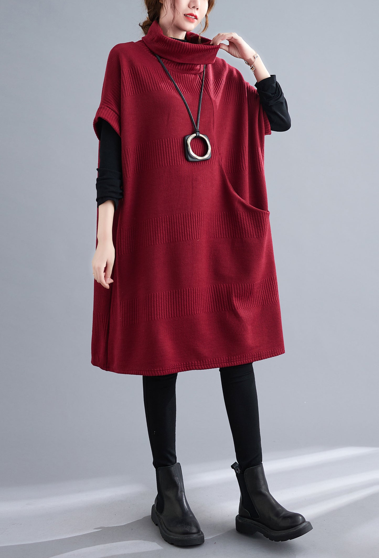 Red Loose fit High Neck Knit Dress