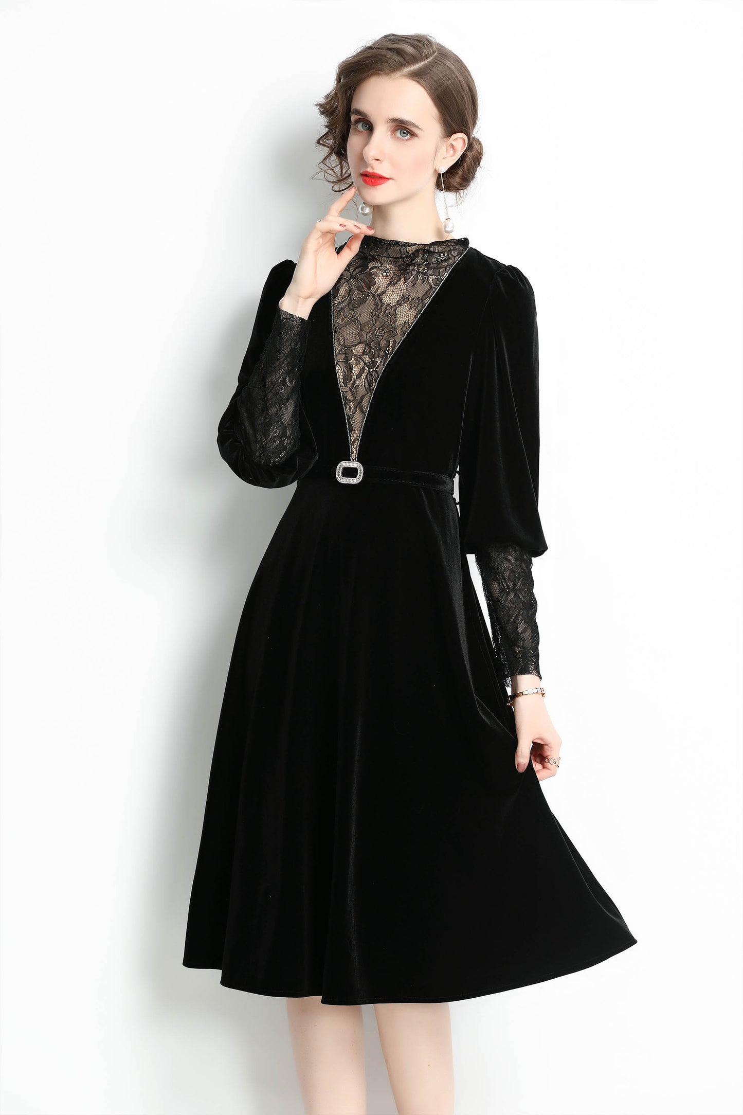 Black Velvet Lace Solid Long sleeves Crew Neck Midi Dress
