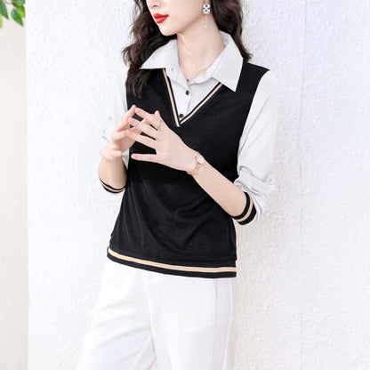 White Patchwork Collared Neck Solid Long Sleeve Button up Blouse