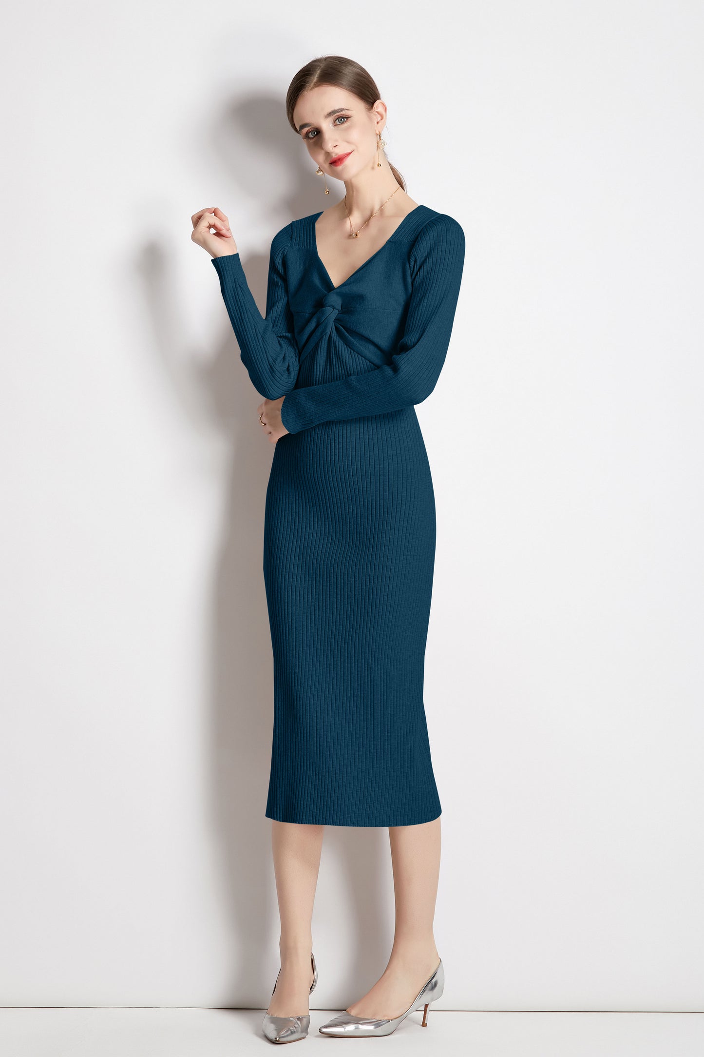 Blue V-Neck Long Sleeve Solid Dress