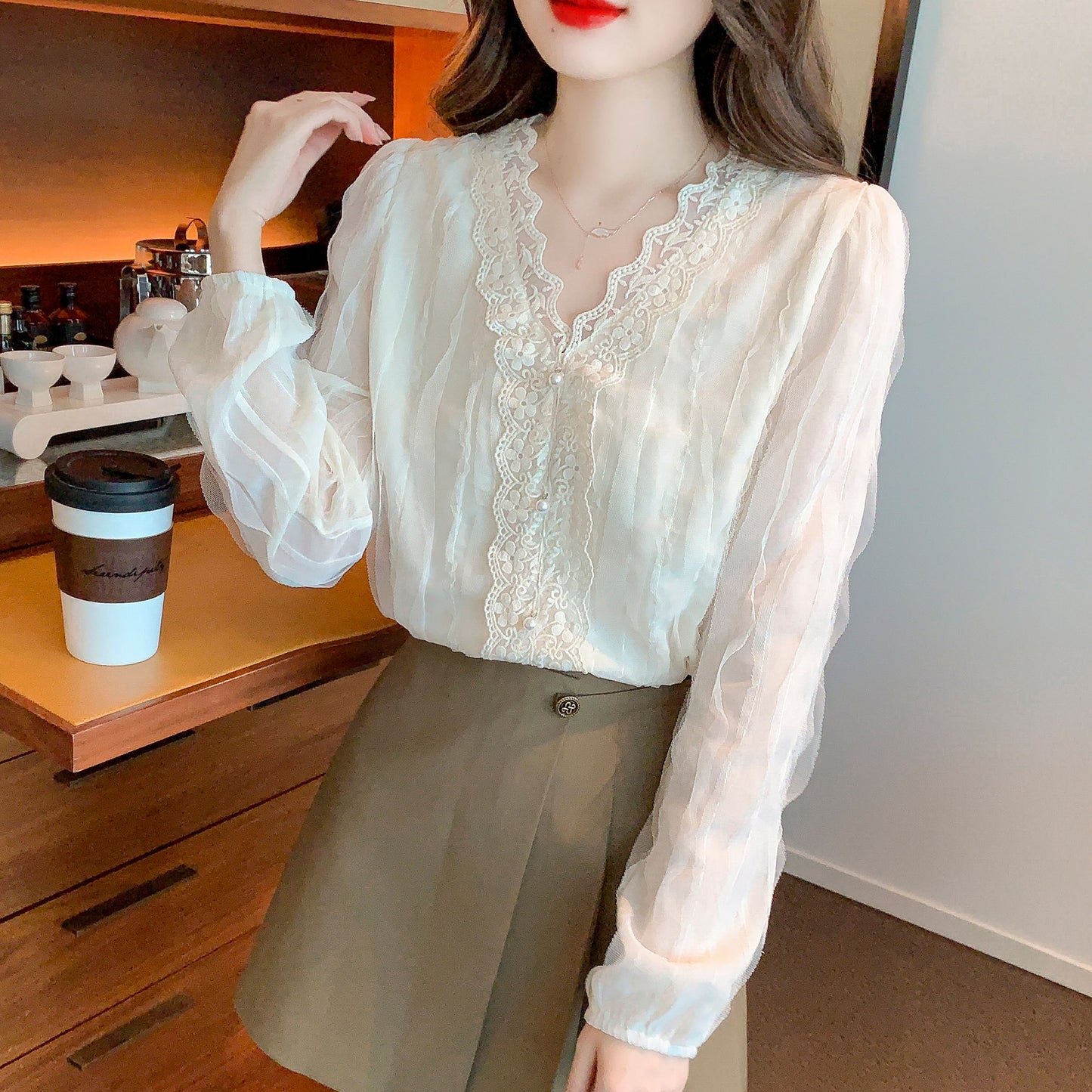 V-Neck Long Sleeve Button up Lace Solid Blouse