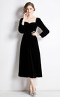 Velvet Square Neck Long Sleeve Midi Black Drees