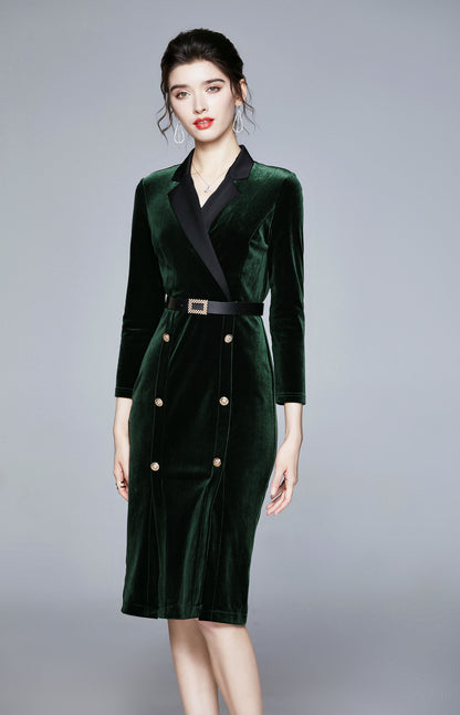 Velvet Long Sleeves Mini Dress Coat with Pocket