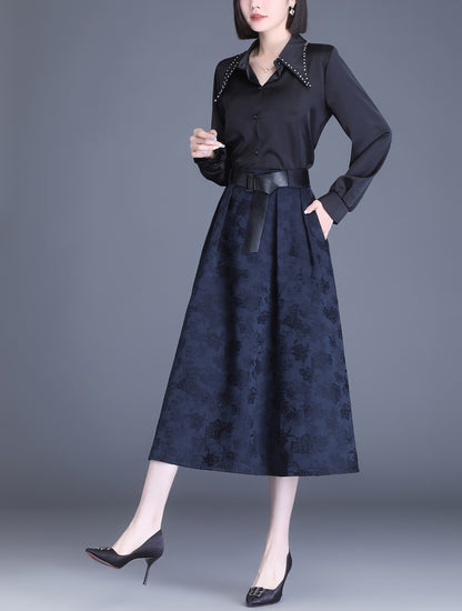 Blue High Waist Solid Midi Skirt with Pocket